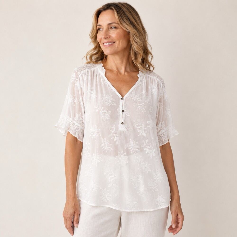 Liz Claiborne 1X White Sheer Blouse with Camisole Short Sleeve Floral Feminine